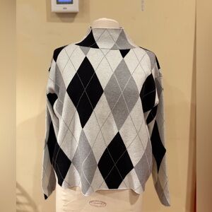 Anthropologie Maeve Small mock neck black and gray argyle sweater